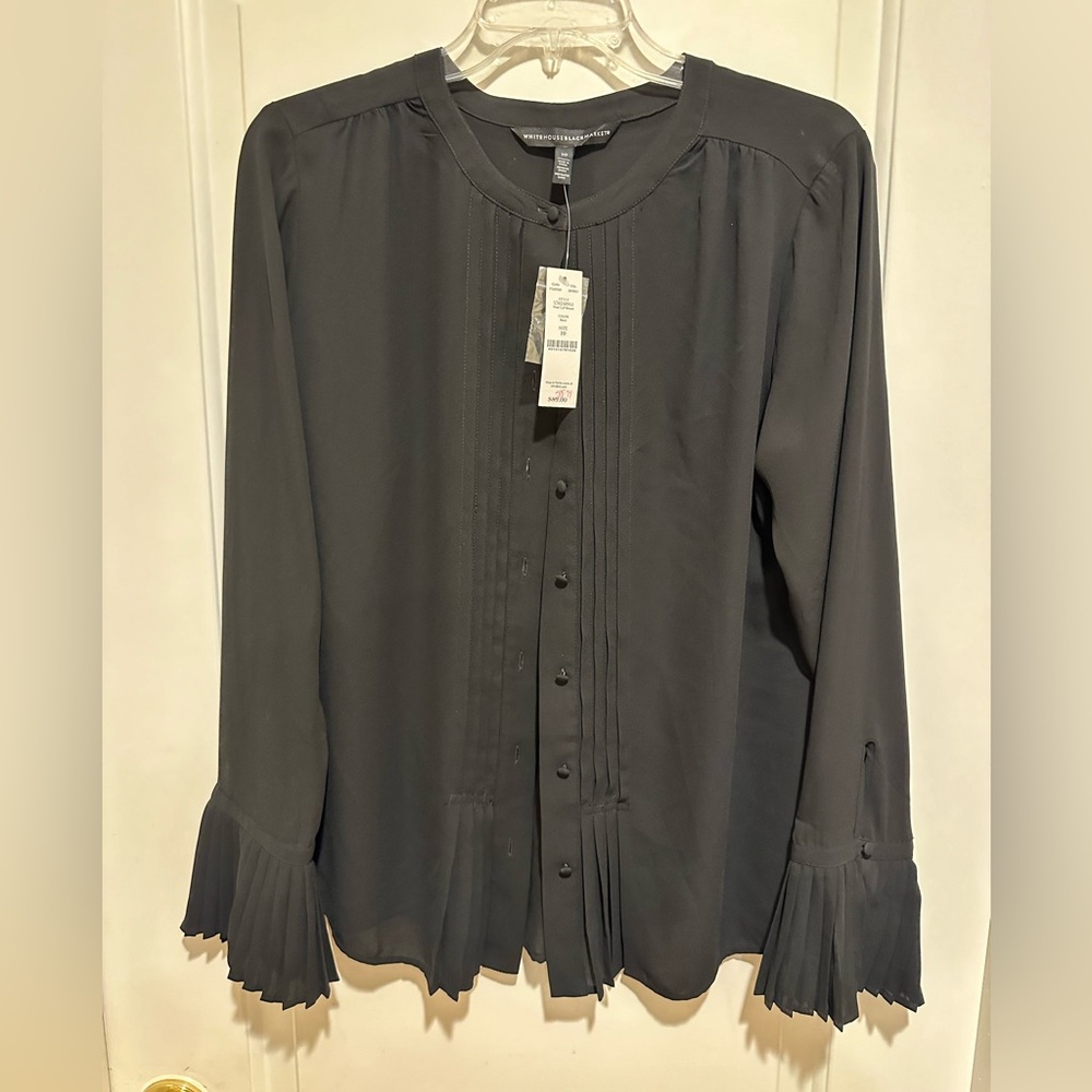 White House Black Market Black Pleated Cuff Blouse